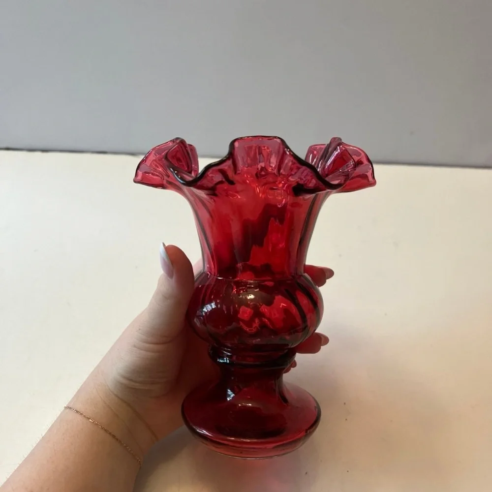 Vintage Fenton Cranberry Pink Ruffled Footed Vase